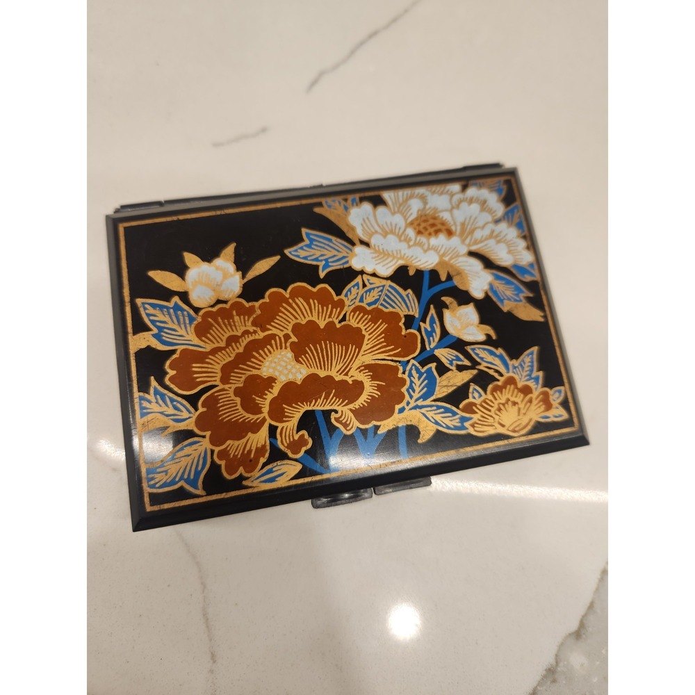 Vintage Hard Plastic Brown Travel Tissue Box Mirrored Multi Floral Oriental - Picture 3 of 11
